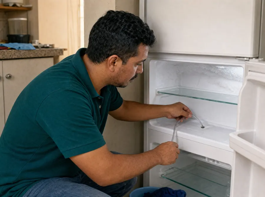 Técnico destapando el desagüe del deshielo dentro del congelador de una nevera.