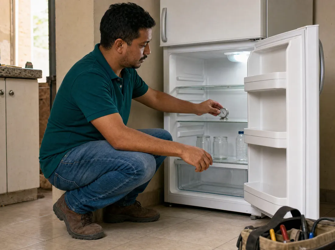 Técnico midiendo con un termómetro la temperatura dentro de una nevera abierta.